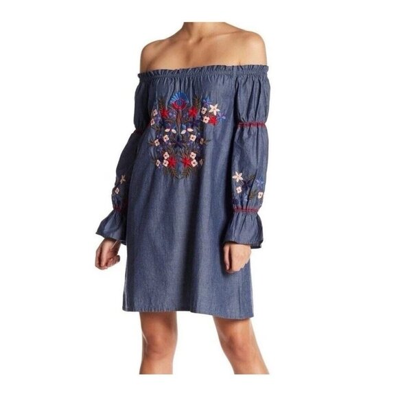 Max Studio Women’s Blue Chambray Floral Embroidered Off Shoulder Dress Sz M - Picture 1 of 11